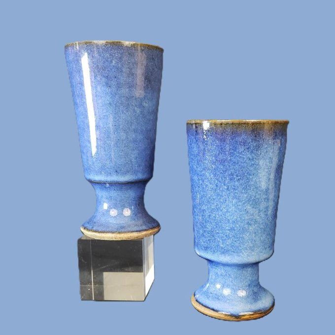 Paire de mazagrans vintage en grès émaillé bleu