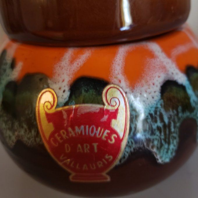 Boîte vintage – Céramique d’Art Vallauris– émail orange, vert et brun