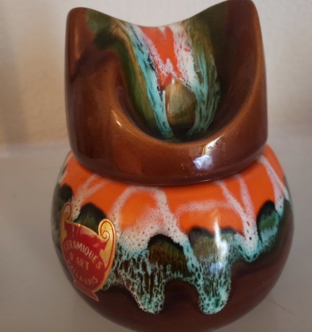 Boîte vintage – Céramique d’Art Vallauris– émail orange, vert et brun