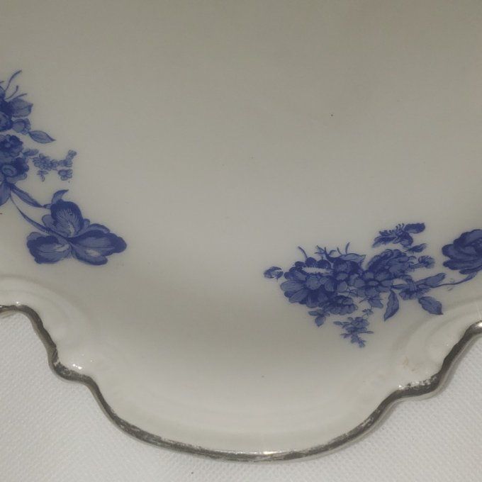 Plat ovale vintage en porcelaine de Limoges décor bleu floral 