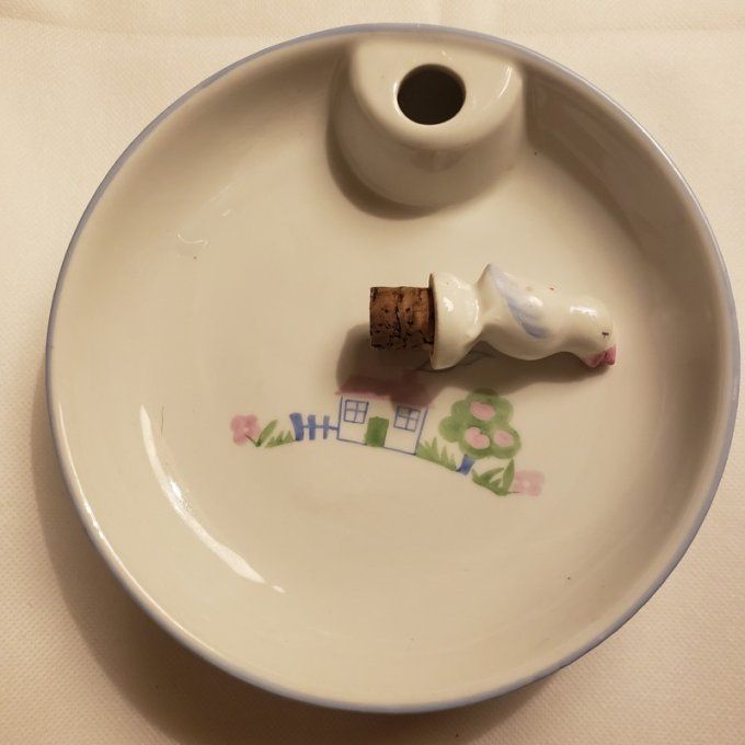 Ancienne assiette de bébé chauffante et son bol « Maison au jardin » années 80