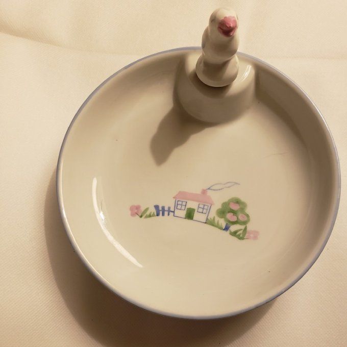 Ancienne assiette de bébé chauffante et son bol « Maison au jardin » années 80