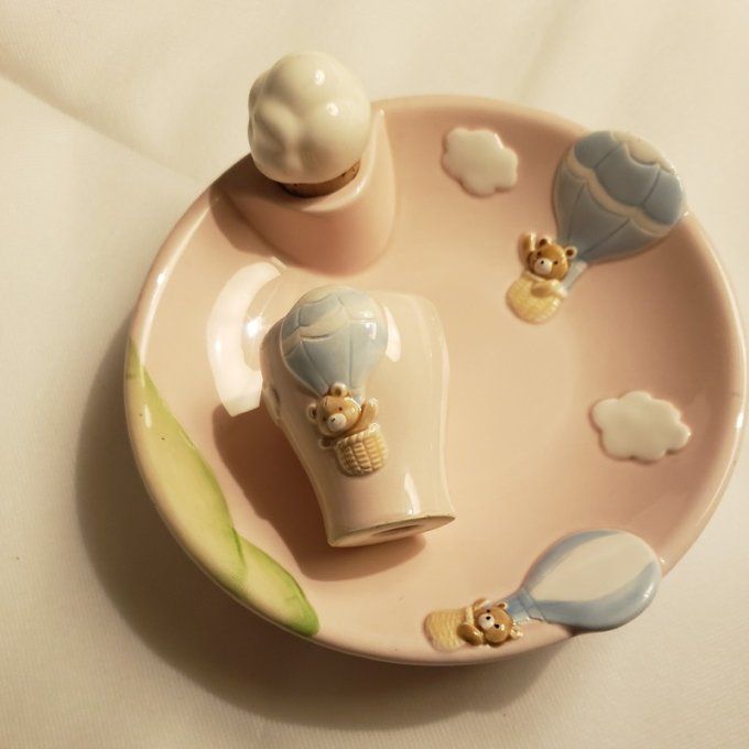 Assiette à bouillie chauffante et son coquetier « Montgolfières et oursons » années 80