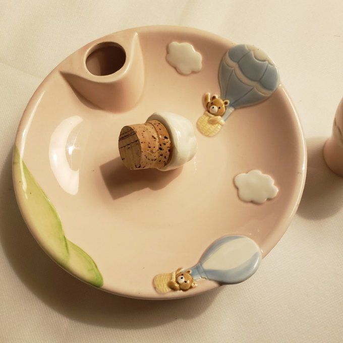 Assiette à bouillie chauffante et son coquetier « Montgolfières et oursons » années 80