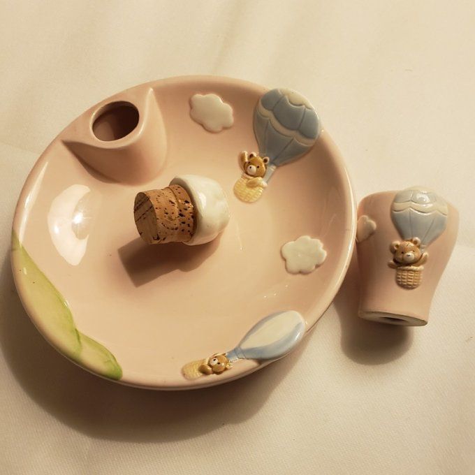 Assiette à bouillie chauffante et son coquetier « Montgolfières et oursons » années 80