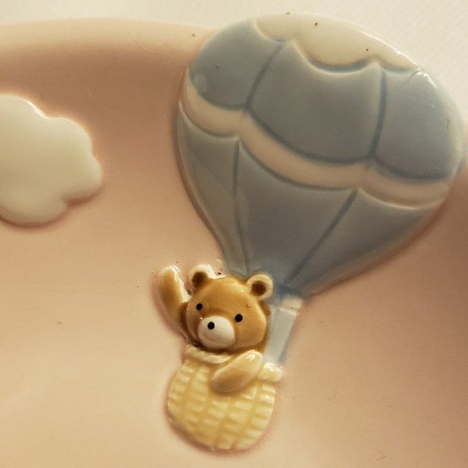 Assiette à bouillie chauffante et son coquetier « Montgolfières et oursons » années 80