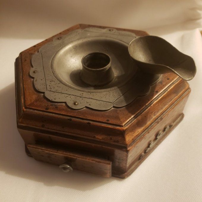 Ancien nécessaire de fumeur de pipe en bois et étain XIXᵉ siècle 