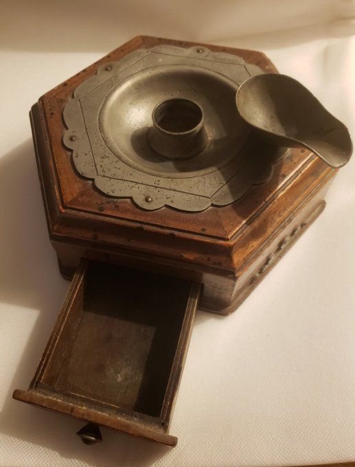 Ancien nécessaire de fumeur de pipe en bois et étain XIXᵉ siècle 
