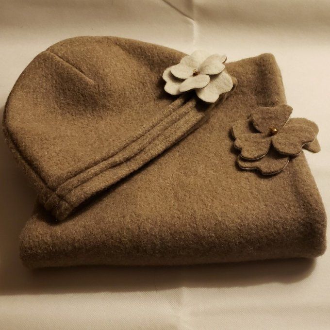 Ensemble snood + chapeau en laine bouillie beige – création artisanale