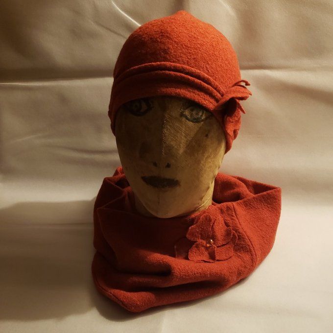 Ensemble snood + chapeau en laine bouillie orange – création artisanale