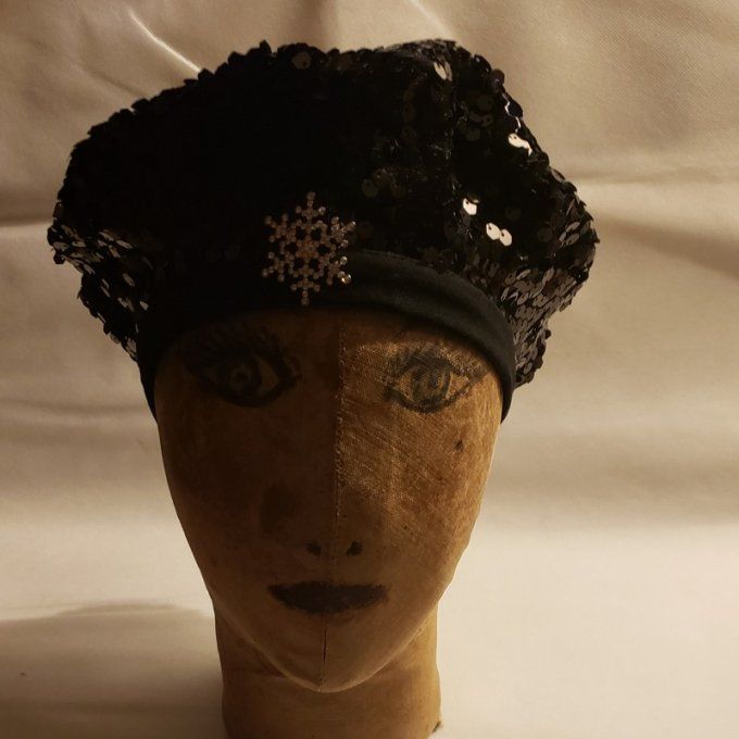 Béret chic en tissu pailleté noir - Pièce unique - Création artisanale 