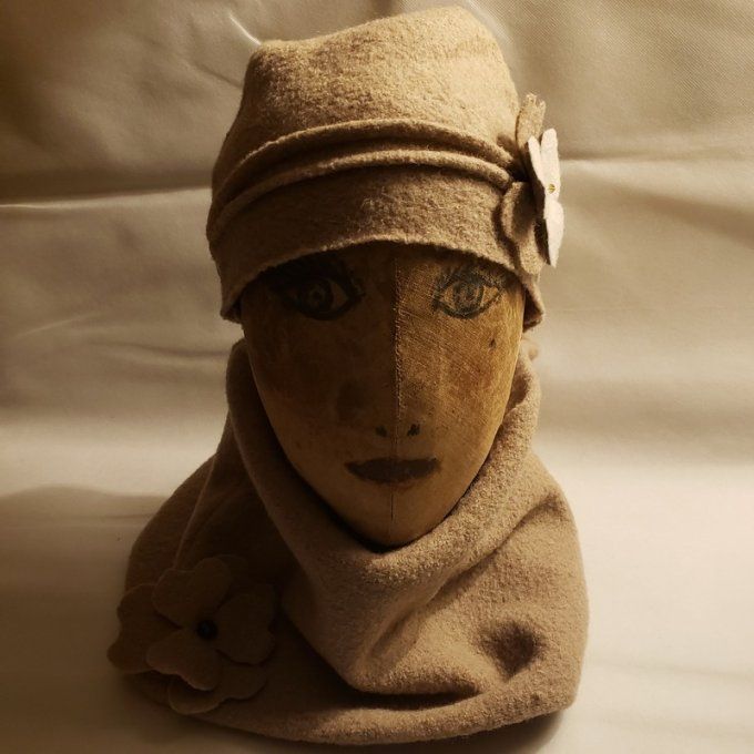 Ensemble snood + chapeau en laine bouillie beige – création artisanale