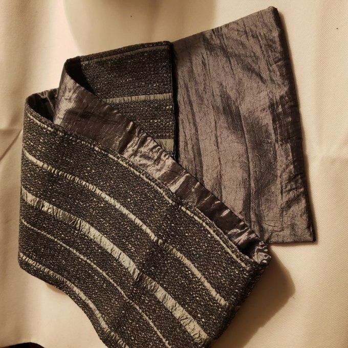 Étole/écharpe double matière, Tweed et Taffetas – Pièce unique -