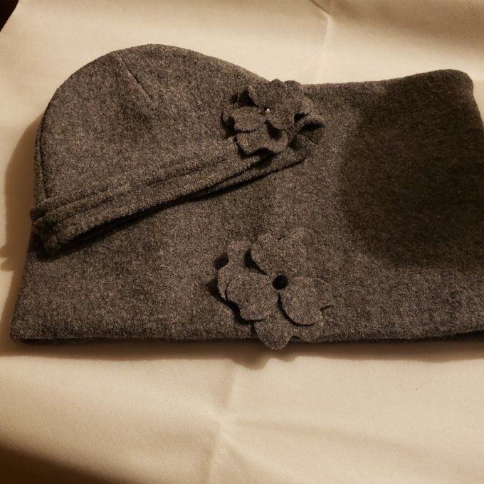 Ensemble snood + chapeau en laine bouillie gris – création artisanale
