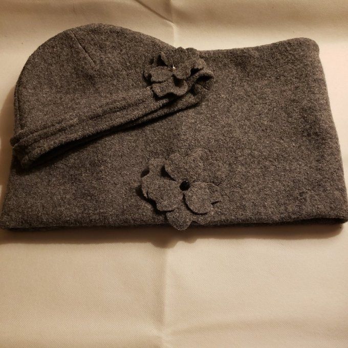 Ensemble snood + chapeau en laine bouillie gris – création artisanale