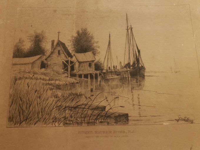 Gravure ancienne «  Coucher de soleil, rivière Maurice, New Jersey »– par Geo. E. Essig – vers 1880