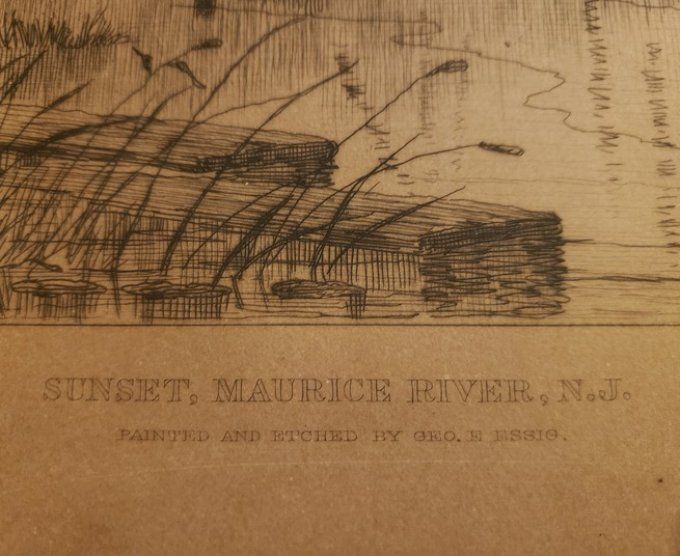 Gravure ancienne «  Coucher de soleil, rivière Maurice, New Jersey »– par Geo. E. Essig – vers 1880