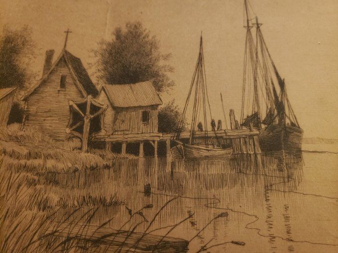 Gravure ancienne «  Coucher de soleil, rivière Maurice, New Jersey »– par Geo. E. Essig – vers 1880