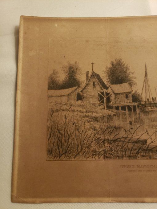 Gravure ancienne «  Coucher de soleil, rivière Maurice, New Jersey »– par Geo. E. Essig – vers 1880