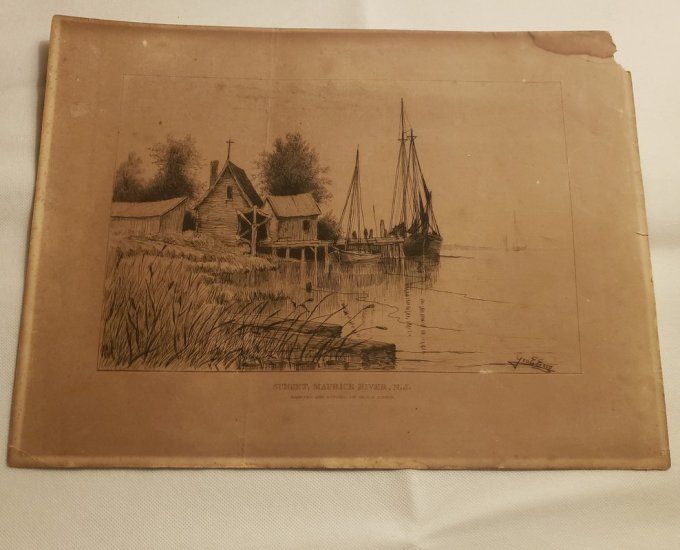 Gravure ancienne «  Coucher de soleil, rivière Maurice, New Jersey »– par Geo. E. Essig – vers 1880