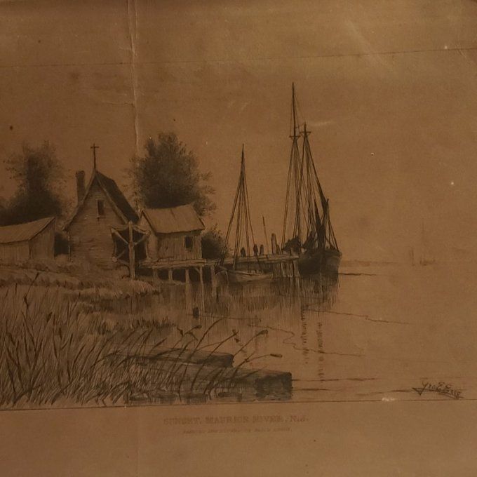 Gravure ancienne «  Coucher de soleil, rivière Maurice, New Jersey »– par Geo. E. Essig – vers 1880