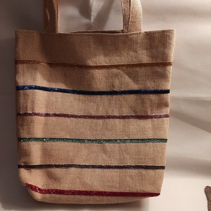Cabas en toile de jute rayée de bandes pailletées - Fait main