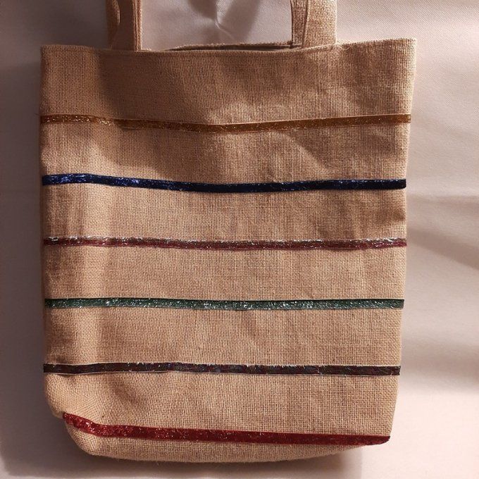 Cabas en toile de jute rayée de bandes pailletées - Fait main