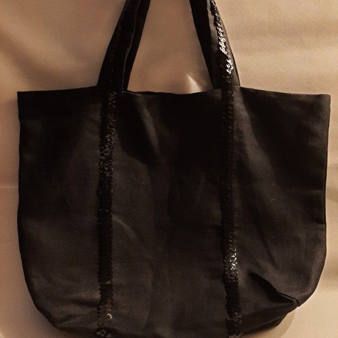 Grand cabas toile de lin  noire- bandes pailletées- Fait main