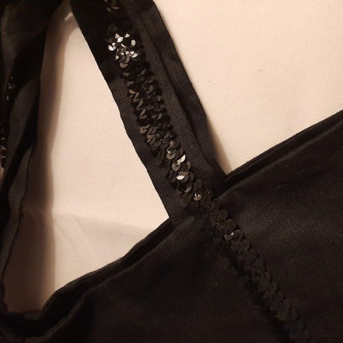 Grand cabas toile de lin  noire- bandes pailletées- Fait main