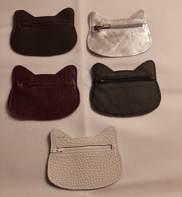 Mignon petit porte monnaie tête de chat - cuir  argent