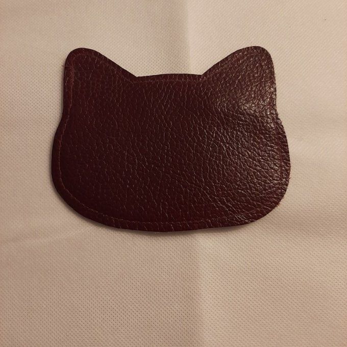 Mignon petit porte monnaie tête de chat - cuir rouge bordeaux