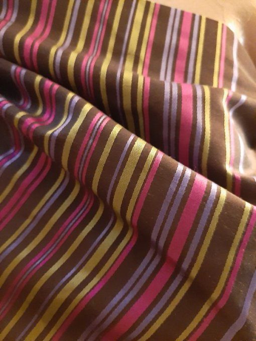 Grande étole volantée en soie sauvage - brun chocolat + rayures colorées - Pièce unique -