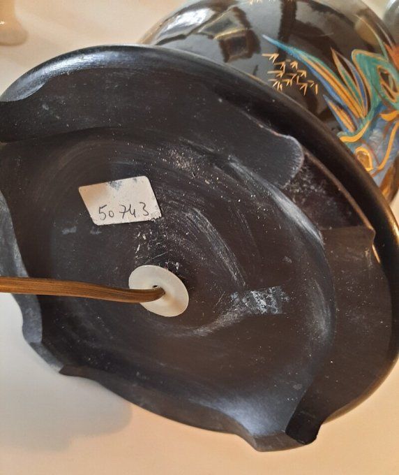 Lampe vintage en céramique noire – Décor japonisant – Années 70