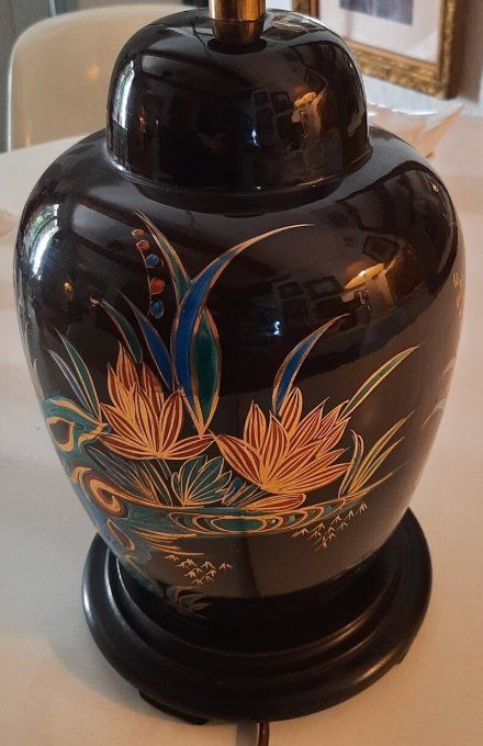 Lampe vintage en céramique noire – Décor japonisant – Années 70