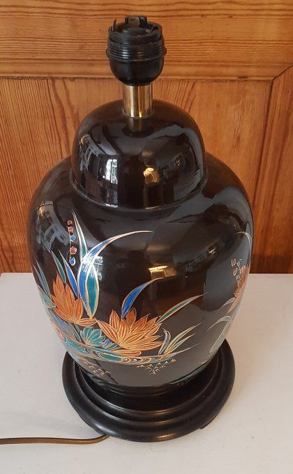 Lampe vintage en céramique noire – Décor japonisant – Années 70