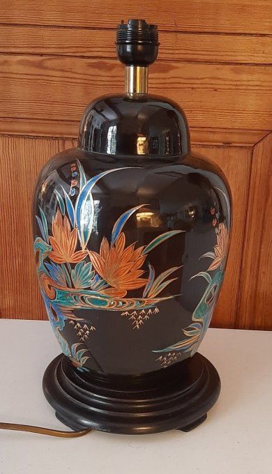 Lampe vintage en céramique noire – Décor japonisant – Années 70