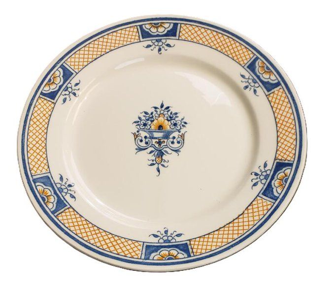 Assiette faïence LUCE Paris – modèle Rouen 1739, décor bleu et ocre 