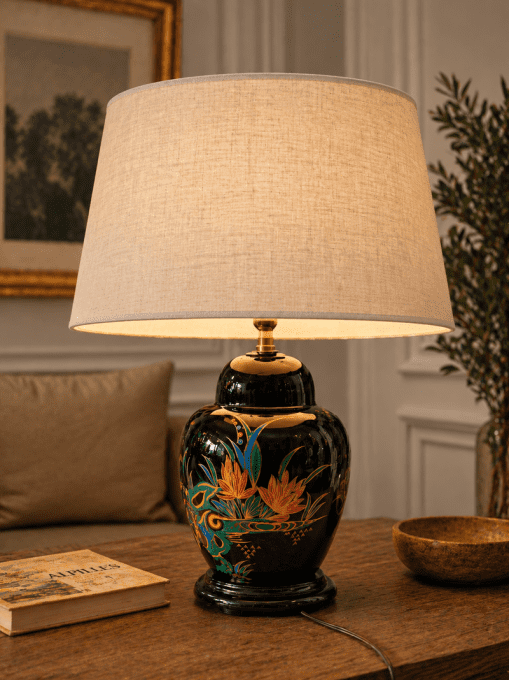 Lampe vintage en céramique noire – Décor japonisant – Années 70