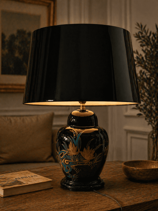Lampe vintage en céramique noire – Décor japonisant – Années 70