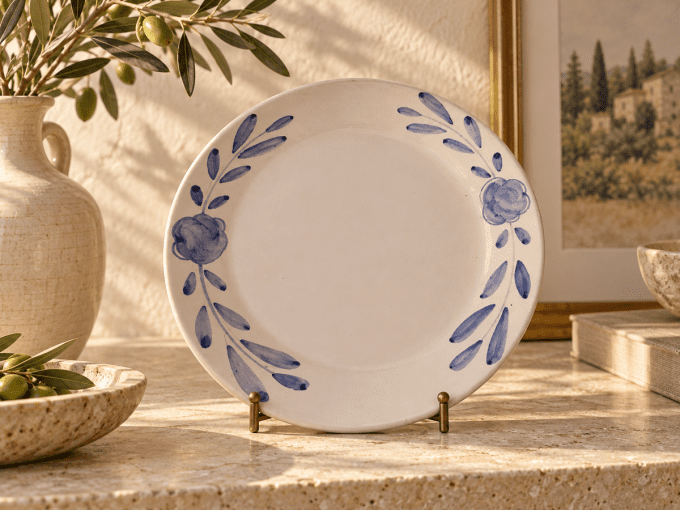 Assiette en faïence de Dompierre – Michel Bergé – décor bleu peint main – 20 cm
