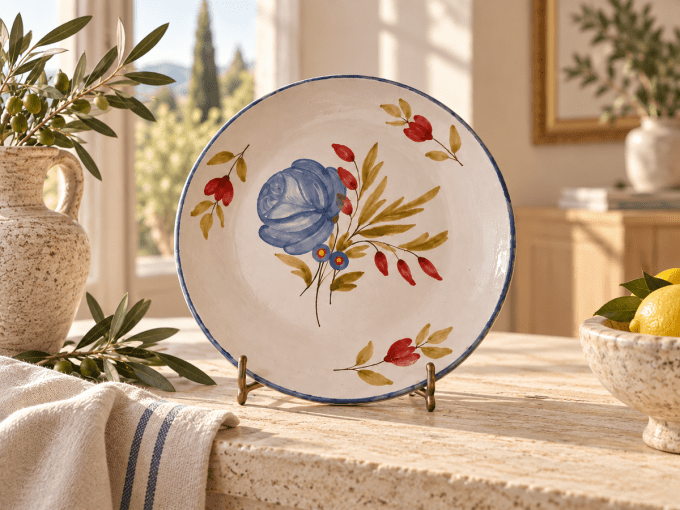 Assiette en faïence artisanale Michel Bergé – Poterie de Dompierre – décor floral peint main – 23 cm