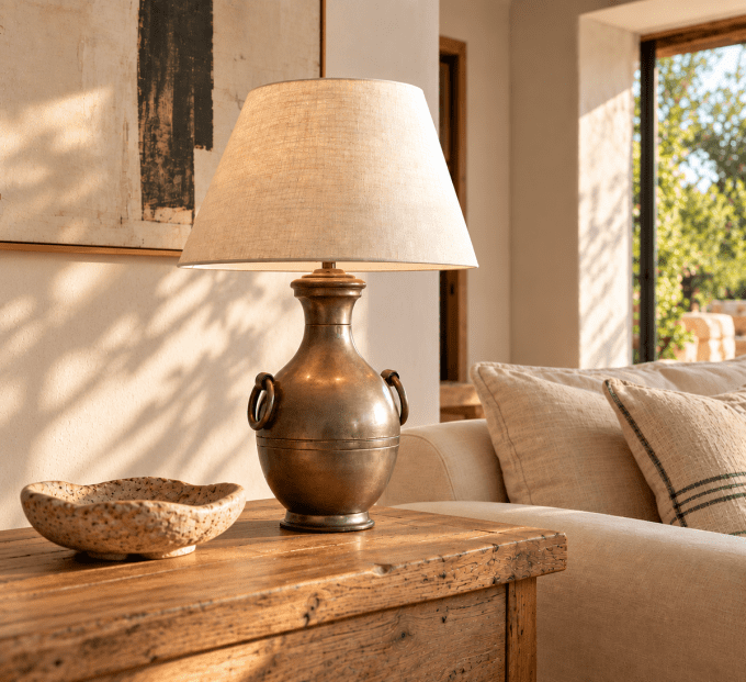 Lampe vintage cuivre et vieil étain – Forme amphore à anneaux