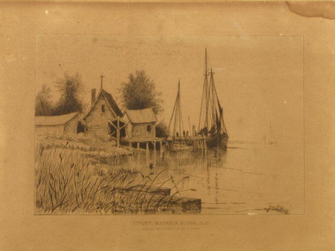 Gravure ancienne «  Coucher de soleil, rivière Maurice, New Jersey »– par Geo. E. Essig – vers 1880