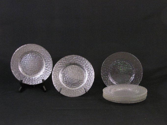  Lot de 12 Assiettes à desserts anciennes  en verre transparent texturé grenelé