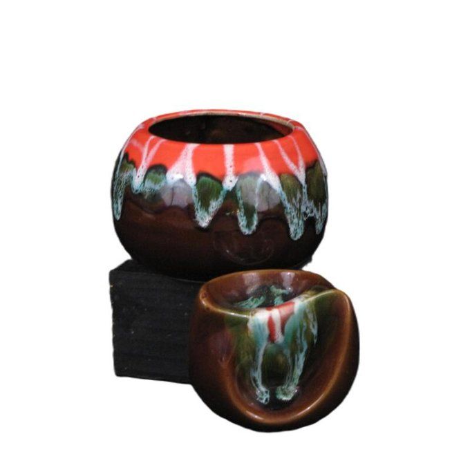 Boîte vintage – Céramique d’Art Vallauris– émail orange, vert et brun