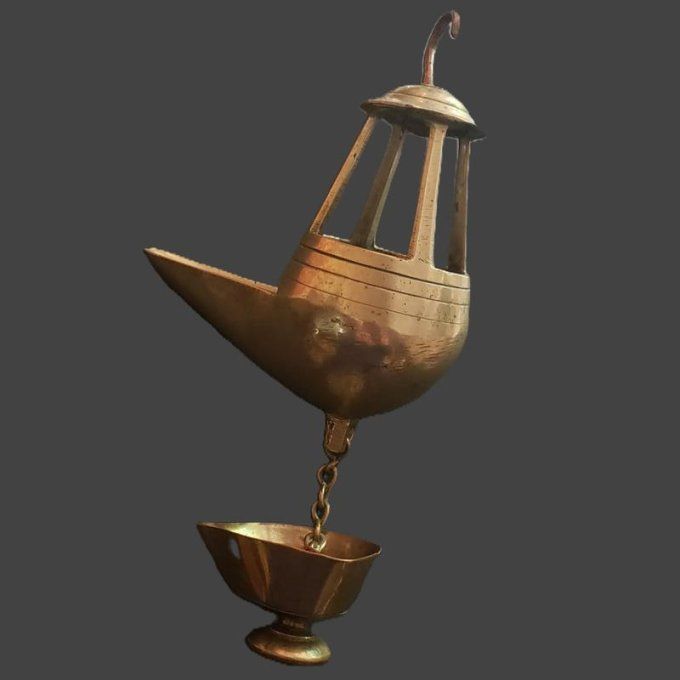 Lampe à huile suspendue en bronze – Style oriental – XXᵉ siècle