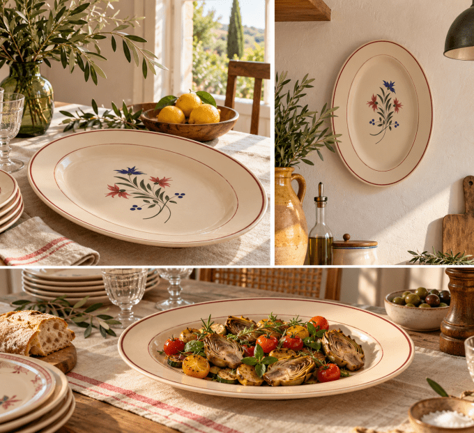 Grand plat ovale ancien K&G Lunéville – décor floral stylisé – 38 cm