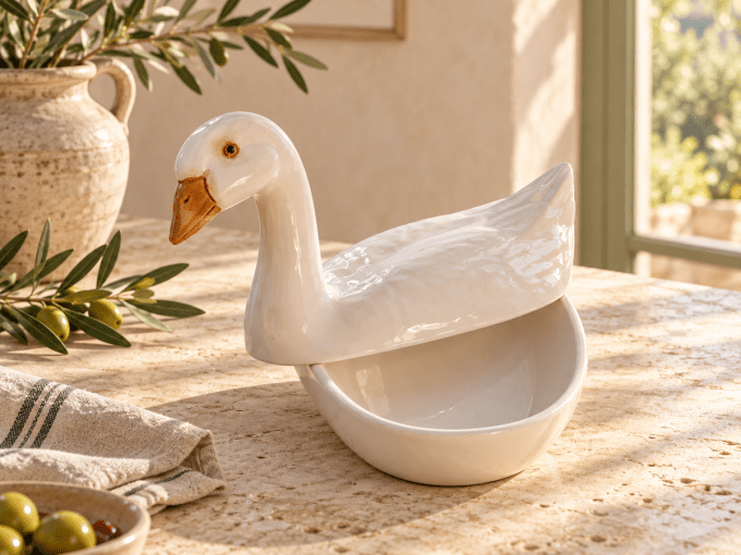 Terrine canard en porcelaine blanche – couvercle sculpté – 24 cm