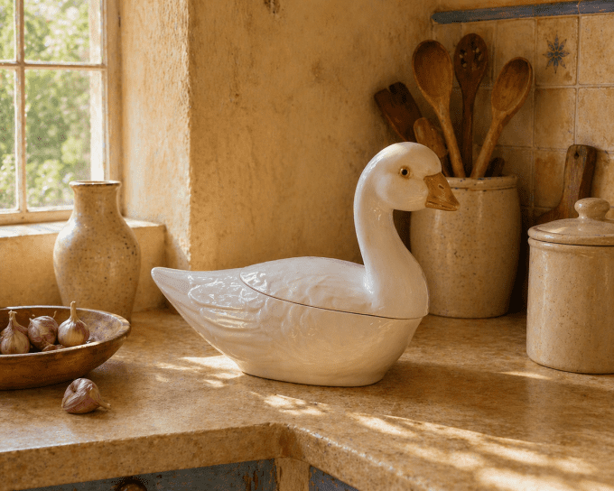 Terrine canard en porcelaine blanche – couvercle sculpté – 24 cm