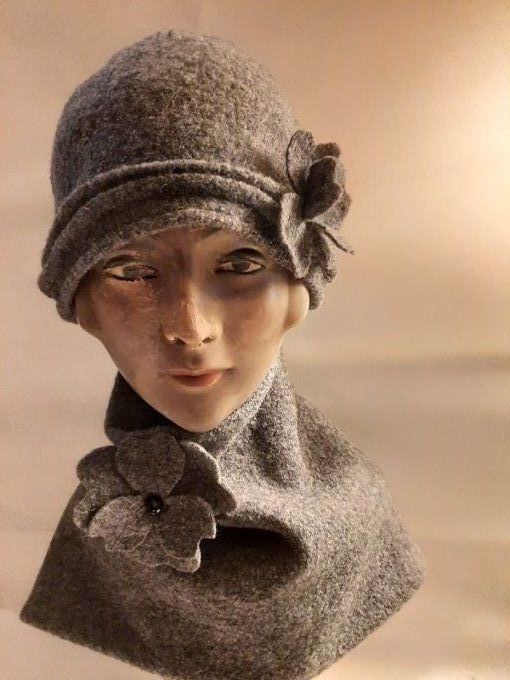 Ensemble snood + chapeau en laine bouillie gris – création artisanale